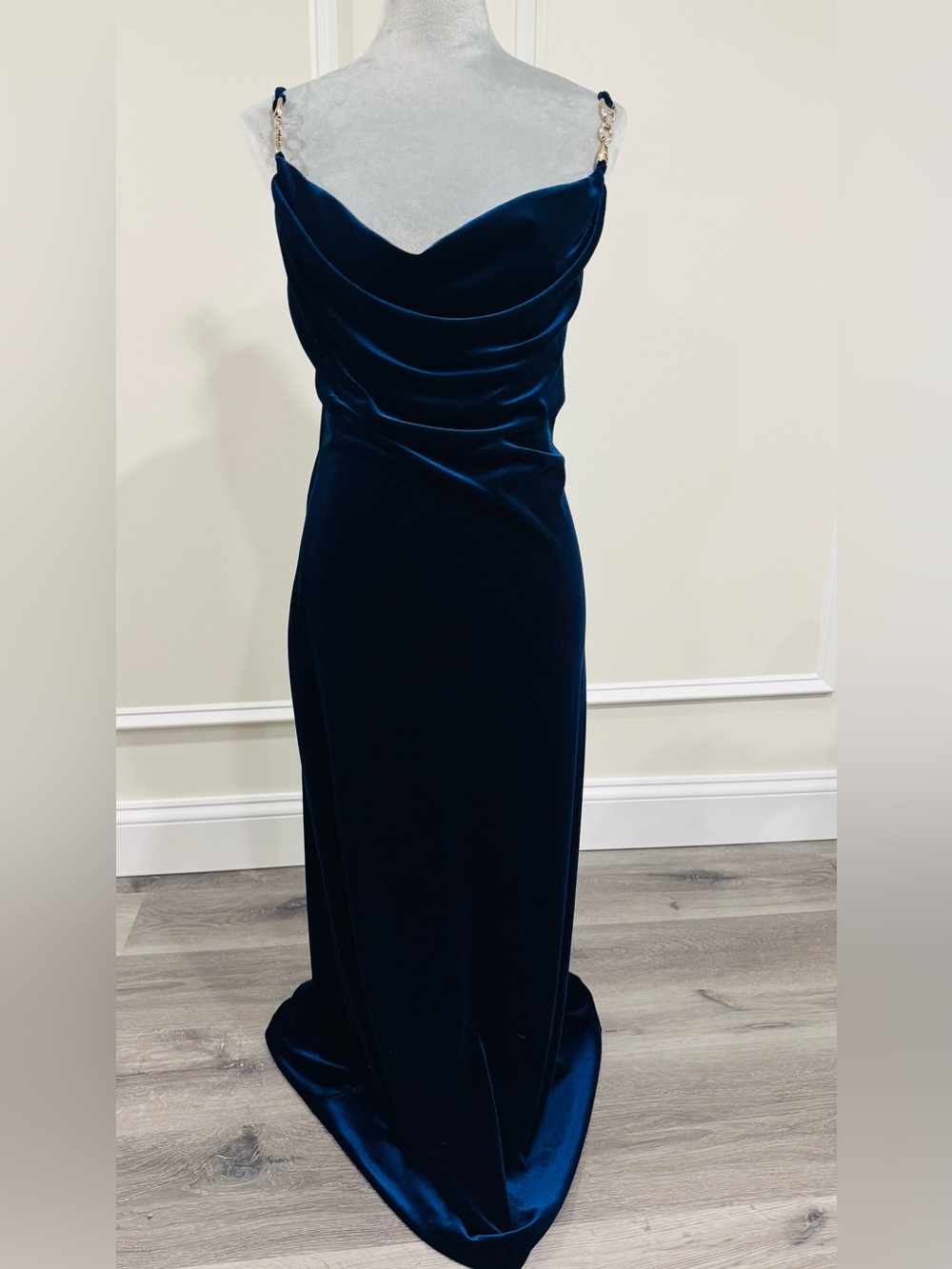 Jump Strapless Navy Velvet Gown with Chain Straps